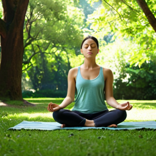 **

A person peacefully meditating in a park, surrounded by lush greenery. Soft, dappled sunlight filters through the trees. Focus on serenity and self-acceptance. Use calming colors like greens, blues, and earth tones. The style should be slightly impressionistic, evoking a sense of inner peace.

**