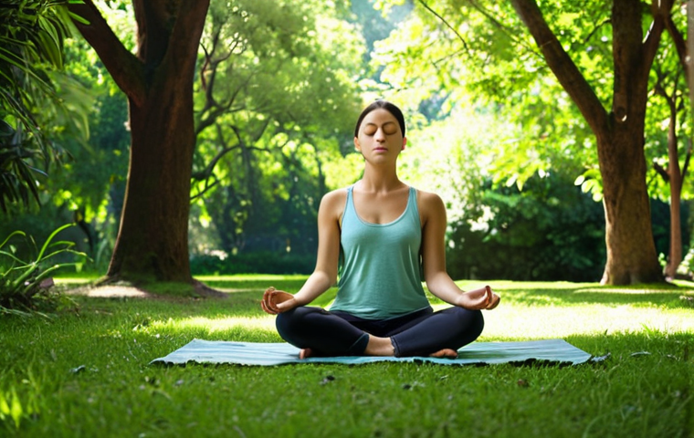 **
A person peacefully meditating in a park, surrounded by lush greenery. Soft, dappled sunlight filters through the trees. Focus on serenity and self-acceptance. Use calming colors like greens, blues, and earth tones. The style should be slightly impressionistic, evoking a sense of inner peace.
**