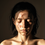 **Prompt:** A person (gender-neutral) emerging from a shadowy, chaotic, and digitally fragmented background, representative of burnout and modern-day overload. Their face is transitioning from weary to serene, illuminated by a warm, soft light emanating from their chest, symbolizing inner peace found through gratitude. The light expands outwards, subtly pushing back the surrounding chaos, suggesting resilience and a "mental fortress." Focus on a sense of calm strength and newfound clarity.
