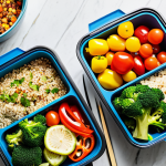 Colorful, Healthy Meal Prep**

A vibrant flat lay photograph of prepared meal containers filled with diverse, nutritious foods. Include colorful vegetables (bell peppers, broccoli), lean protein (grilled chicken or fish), and whole grains (quinoa or brown rice). The setting is a bright, modern kitchen. Add elements like fresh herbs and spices. safe for work, appropriate content, fully clothed, professional, perfect anatomy, natural proportions, high quality.

**