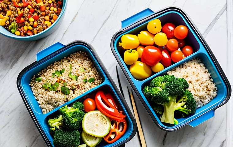 Colorful, Healthy Meal Prep**
A vibrant flat lay photograph of prepared meal containers filled with diverse, nutritious foods. Include colorful vegetables (bell peppers, broccoli), lean protein (grilled chicken or fish), and whole grains (quinoa or brown rice). The setting is a bright, modern kitchen. Add elements like fresh herbs and spices. safe for work, appropriate content, fully clothed, professional, perfect anatomy, natural proportions, high quality.
**